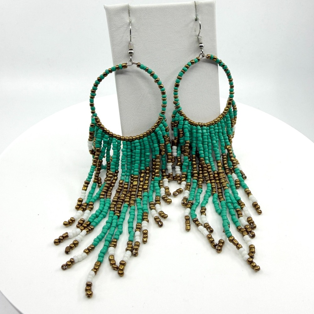 Turquoise Beaded Fringe Hoop Earrings White Gold Tone Statement